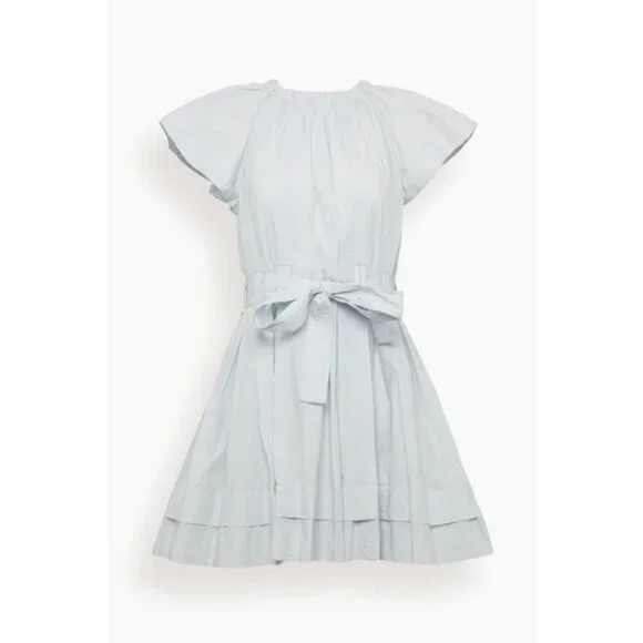 🆕ULLA JOHNSON Mae Flutter Sleeve Belted Cotton Mini Dress Sea Glass Blue 8